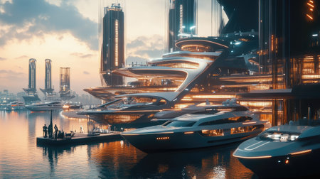 Futuristic marina with smart yachts docked, AI assisted maintenance systems in actionの素材