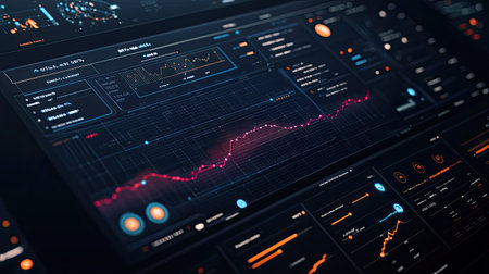 Futuristic dashboard showing e-commerce analytics and data visualization against a glowing digital gridの素材