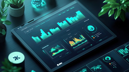 Futuristic cost report dashboard for carbon offsets with dynamic charts and eco-friendly graphicsの素材