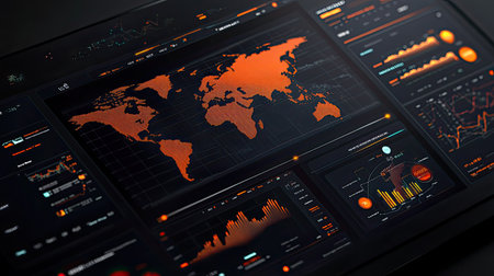 Futuristic financial dashboard with dynamic e commerce metrics and global market indicatorsの素材