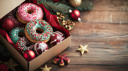Festive box of colorful donuts with Christmas sprinkles and holiday-themed decorations on a wooden tableの素材