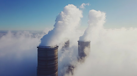 Dynamic aerial view of cooling towers with steam clouds blending into the blue skyの素材