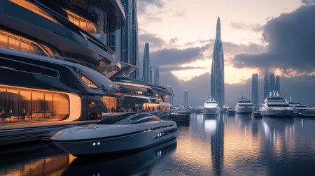 Futuristic marina with smart yachts docked, AI assisted maintenance systems in actionの素材
