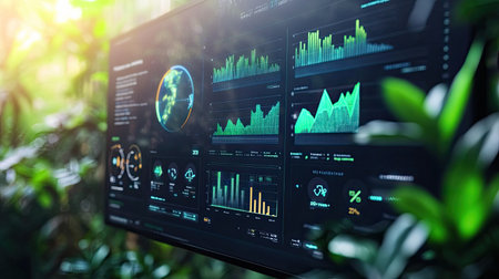 Futuristic cost report dashboard for carbon offsets with dynamic charts and eco-friendly graphicsの素材