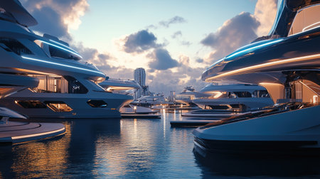 Futuristic marina with smart yachts docked, AI assisted maintenance systems in actionの素材