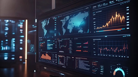 Futuristic financial dashboard with dynamic e commerce metrics and global market indicatorsの素材