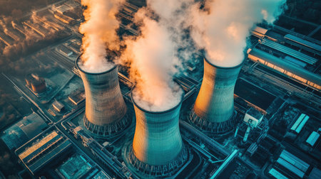 Drone shot of massive cooling towers emitting steam, surrounded by industrial facilitiesの素材