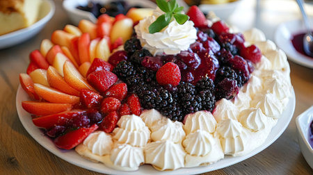 A delightful pavlova dessert adorned with a vibrant array of fresh berries and topped with creamy whipped cream, perfect for any special occasion or festive gathering.の素材