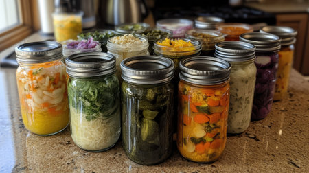 A vibrant display of various jarred fermented vegetables and sauces showcases a healthy lifestyle with colorful ingredients arranged neatly on a kitchen countertop.の素材