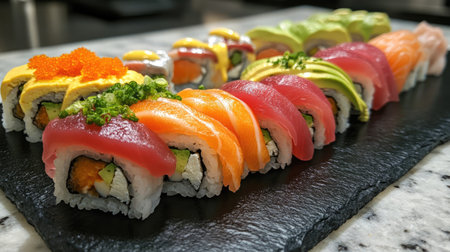 A beautifully arranged platter of assorted sushi rolls featuring vibrant colors and fresh ingredients, perfect for showcasing culinary artistry in food photography.の素材