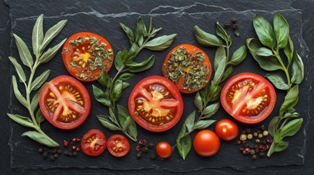 An artistic arrangement of fresh sliced tomatoes with various herbs on a dark slate surface, perfect for inspiring healthy cooking and vibrant culinary presentations.の素材