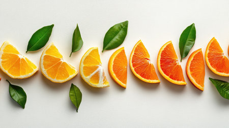 A visually appealing arrangement of orange and lemon slices accompanied by green leaves, creating a fresh and vibrant look suitable for healthy lifestyle themes.の素材