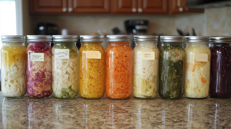 An inviting display of assorted fermented vegetables in jars showcases vibrant colors and textures, perfect for healthy eating and showcasing food preservation techniques.の素材