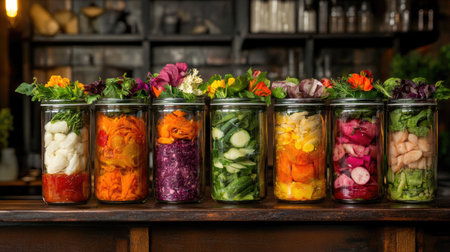 A stunning display of vibrant glass jars filled with assorted fresh vegetables and edible flowers, showcasing delightful colors and promoting healthy eating choices in a rustic kitchen environment.の素材