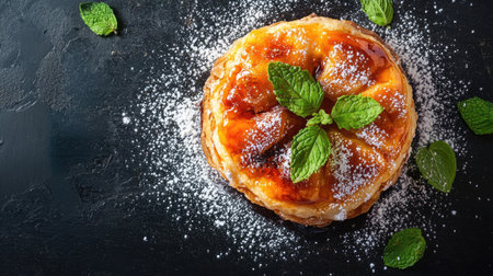 A delectable fruit tart featuring a caramelized top garnished with fresh mint leaves, set against a contrasting dark slate background perfect for food lovers and culinary projects.の素材