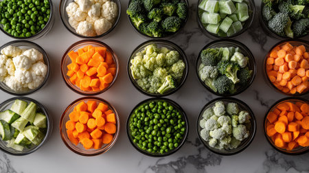 A visually stunning display of fresh chopped vegetables in glass bowls, showcasing vibrant colors and providing a healthy option for meal preparation or culinary inspiration.の素材