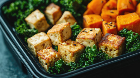 A vibrant meal prep image featuring grilled tofu, roasted sweet potatoes, and fresh kale in a black container, showcasing healthy eating and nutritious ingredients for a balanced diet.の素材