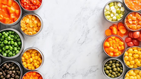 A visually appealing display of assorted colorful vegetables in round tins on a sleek marble surface, perfect for promoting healthy eating and culinary inspiration.の素材