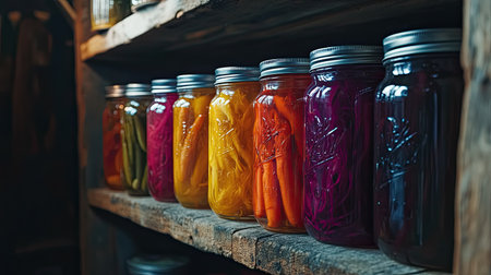 Vibrant jars of pickled vegetables in various colors displayed on rustic wooden shelves, showcasing the charm of home canning and the beauty of preserving seasonal produce.の素材