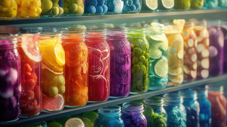 A visually stunning display of jars filled with an assortment of colorful candies and fruits, perfect for enhancing any sweet-themed occasion or celebration.の素材