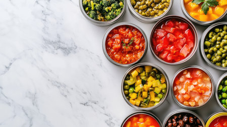 A beautiful arrangement of vibrant vegetables and sauces in metal containers, displayed on a marble surface, ideal for culinary inspiration and healthy meal preparation.の素材