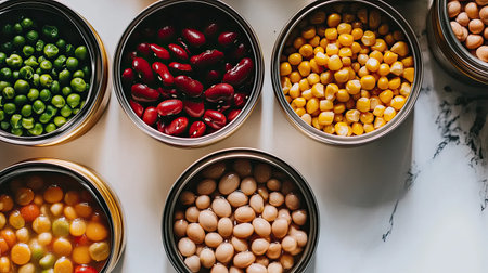 A vibrant collection of canned legumes and beans arranged in round tins, showcasing a variety of colors and textures on a marble surface, ideal for healthy cooking ideas.の素材