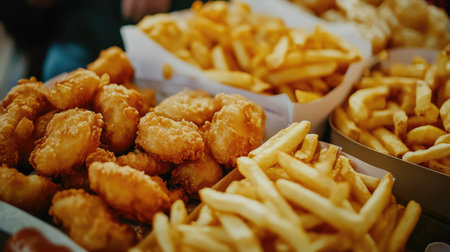 A vibrant display of crispy fried chicken nuggets alongside golden french fries, showcasing a casual dining feast ideal for fast food enthusiasts and snack lovers.の素材