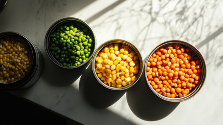 A vibrant display of fresh vegetables in metal containers showcases the beauty of colors, casting intricate shadows on a sunlit surface, perfect for culinary inspiration.の素材