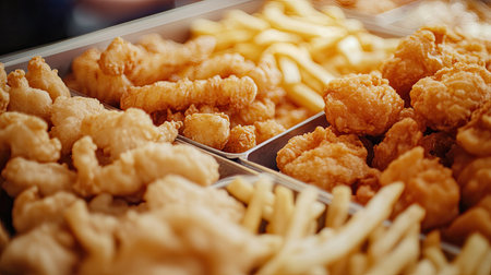 A tempting display of crispy fried chicken pieces alongside golden French fries, showcasing popular comfort food options ideal for fast food settings or home gatherings.の素材