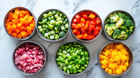 A vibrant display of freshly diced vegetables in round metal containers. Ideal for promoting healthy cooking, meal prep, and colorful ingredient arrangements in culinary settings.の素材