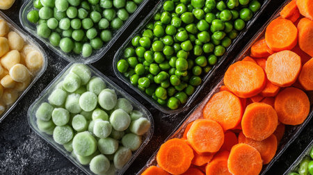 A vibrant assortment of fresh vegetables, including green peas, sliced carrots, and cucumbers, neatly packaged in clear containers, perfect for healthy meal preparation and cooking.の素材