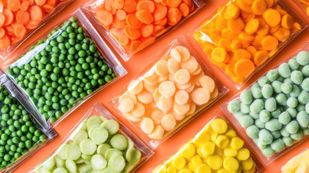 A vibrant collection of assorted colorful candies packaged in transparent bags, featuring a lively orange background ideal for confectionery and sweet treat themes.の素材