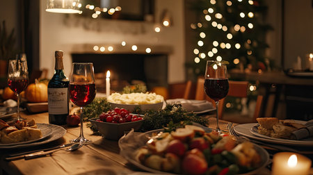 Enjoy a cozy holiday dinner scene featuring a beautifully set table with delicious food, wine glasses, and twinkling lights, perfect for family gatherings and festive celebrations.の素材