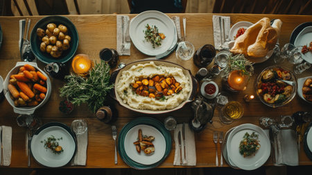 A beautifully arranged dining table featuring a variety of hearty dishes, fresh vegetables, warm bread, and softly lit candles, perfect for an inviting gathering.の素材