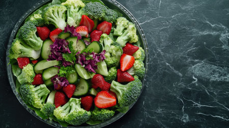 Vibrant salad featuring fresh broccoli, sliced cucumbers, juicy strawberries, and purple cabbage, perfect for healthy meals and colorful presentations. Ideal for nutrition and wellness themes.の素材