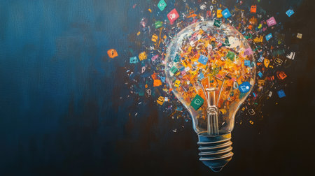 This vibrant image features a light bulb bursting with colorful social media icons, symbolizing creativity and innovation in the digital age.の素材