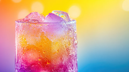 A vibrant and refreshing drink served in a glass filled with ice cubes. This colorful beverage features hues of orange, pink, blue, and purple against a soft bokeh background, perfect for summer vibes.の素材