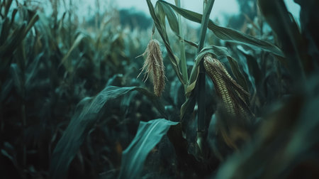 Explore the beauty of ripe corn cobs nestled among vibrant green corn plants, showcasing the essence of agricultural growth and natural produce in rural settings.の素材