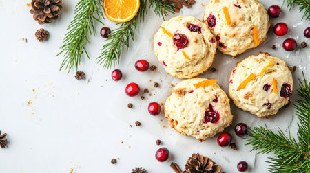 Top view of freshly baked scones with cranberry and orange zest, placed on a white background with seasonal accentsの素材