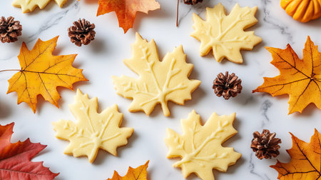 Top view of maple leaf-shaped cookies arranged on a clean surface with fall-themed decorations aroundの素材