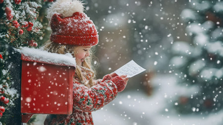A joyful child stands beside a red mailbox, reading a letter in a snowy winter setting. Snowflakes gently fall, creating a magical atmosphere of childhood wonder.の素材