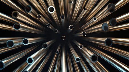 This image showcases an abstract perspective of metallic pipes radiating outward, creating a dynamic and futuristic visual ideal for technology and industrial themes.の素材