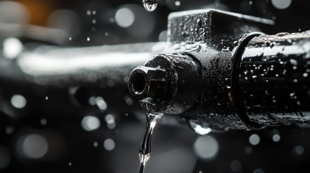 A detailed close-up showcasing a water droplet clinging to a black pipe, highlighting textures and moisture against a softly blurred background.の素材