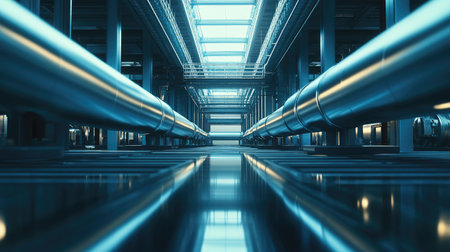A captivating industrial scene showcasing an interior view of metal pipes and polished surfaces in a modern factory setting, emphasizing technology and structure.の素材