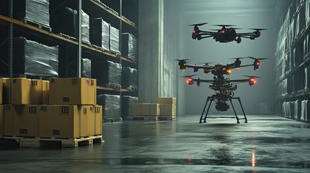 A scene showcasing drones efficiently operating in a spacious warehouse filled with packages and shelves, highlighting the advancement of technology in logistics and automation.の素材