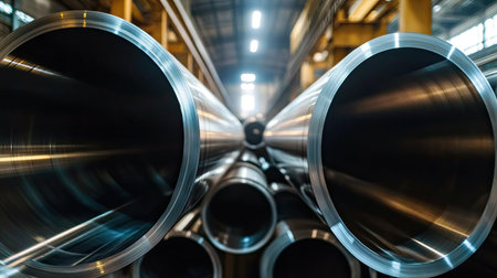 A dynamic view of stacked steel pipes inside an industrial warehouse, showcasing the manufacturing process and storage techniques used in heavy-duty construction.の素材