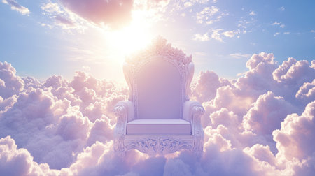 A stunning throne sits majestically on fluffy clouds, illuminated by warm sunlight. This enchanting scene evokes feelings of serenity, beauty, and fantasy.の素材
