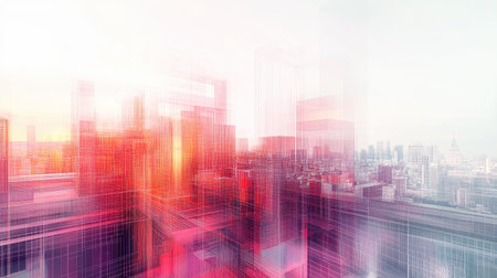 This abstract image features a colorful city skyline with artistic blur effects, creating a dreamlike atmosphere. Ideal for projects focused on modern design and urban themes.の素材