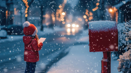 A child in a vibrant red coat gazes at a bright red mailbox while snowflakes gently fall during a peaceful winter evening, capturing a sense of holiday wonder.の素材