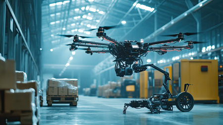A cutting-edge drone equipped with a robotic arm operates in a spacious warehouse. The scene showcases modern automation and logistical capabilities in an industrial setting.の素材